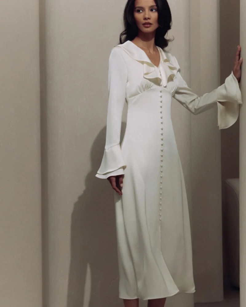 Pearl Button Ruffle Midi Dress - Image 3